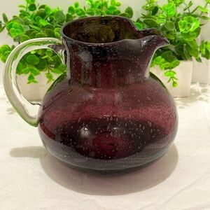 Artland Iris Pitcher Dark Purple Glass 90oz Hand Crafted Bubbles Handle RARE